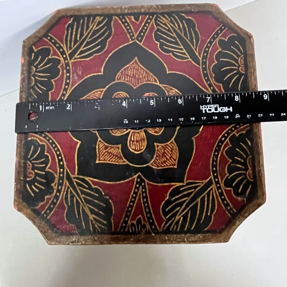 Vintage Hand Painted Wooden Octagonal Jewelry Box Red Black Gold Floral Folk Art